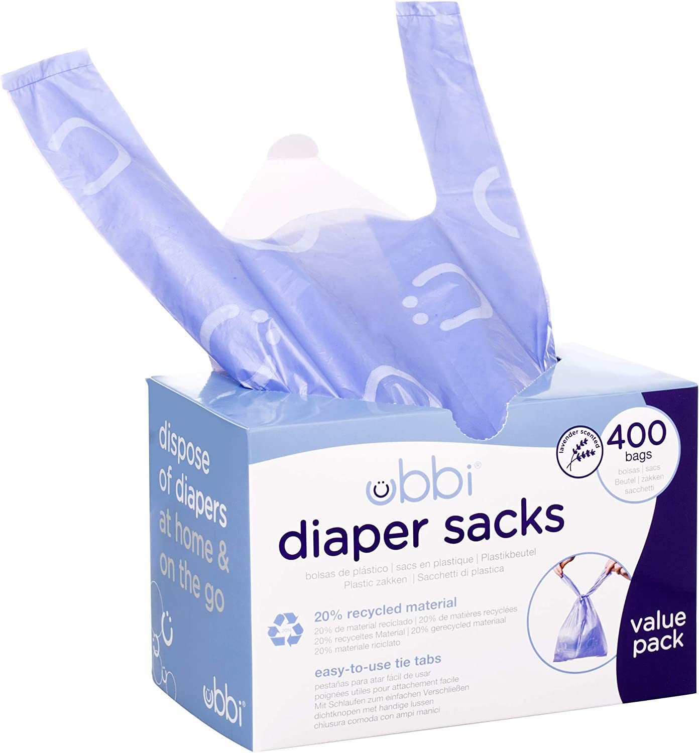 230322144416227_1 Ubbi Disposable Diaper Sacks, Lavender Scented, Easy-To-Tie Tabs, Diaper Disposal or Pet Waste Bags, 200 Count - Image 1